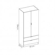 Medidas Armario 2 puertas 2 cajones acabado color natural. Ancho: 81 cm, alto: 184 cm, fondo: 52 cm