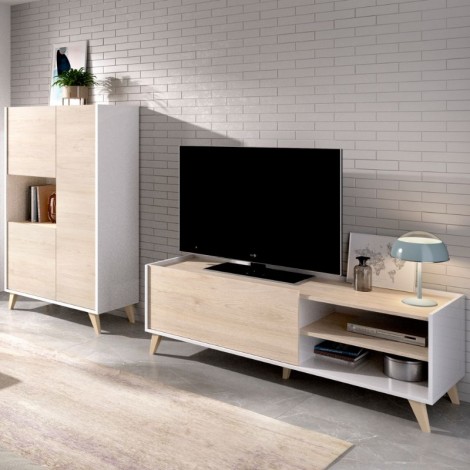 Mueble de televisión y aparador alto 3 puertas 1 hueco Ness Plus Natural y Blanco
