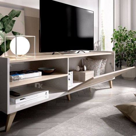 Mueble de televisión ness 1 puerta 2 huecos natural y blanco abierto