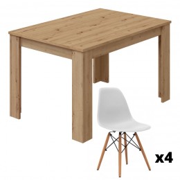 Conjunto mesa extensible kendra roble nodi más 4 sillas tower blancas. Sayez