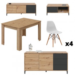 Conjunto salón brooklyn Nodi formado por mueble tv, mesa de centro y aparador Brooklyn, mesa comedor roble nodi y 4 sillas tower