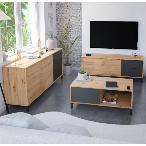 Mueble Televisión Brooklyn Roble Nodi Gris Antracita con dos puertas y dos cajones, mesa centro Brooklyn y Aparador Brooklyn