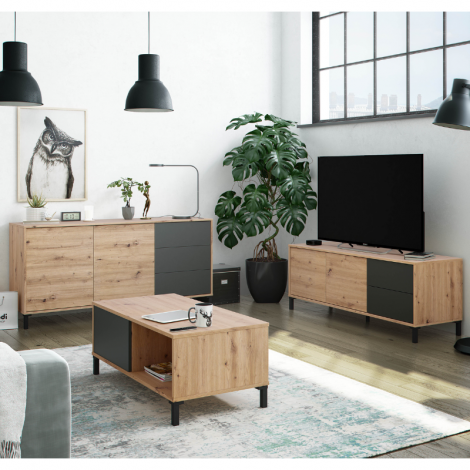 Mueble Televisión Brooklyn Roble Nodi Gris Antracita con dos puertas y dos cajones, mesa centro Brooklyn y Aparador Brooklyn