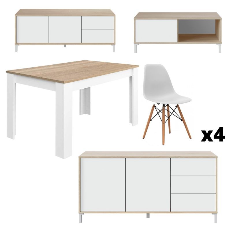 Mueble TV Salón-Comedor Blanco y Roble 