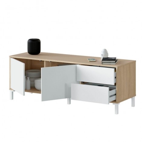 Mueble de Televisión Brooklyn color Roble Canadian y Blanco dos puertas 2 cajones