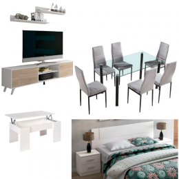 Conjunto formado por mueble tv y 2 estantes soto, mesa centro elevable, mesa comedor cristal y 6 sillas y cabezal con 2 mesitas