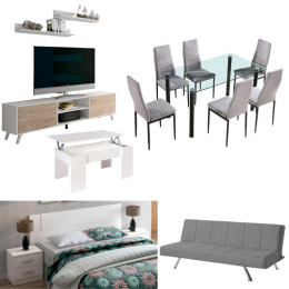 Conjunto de mueble tv y 2 estantes, mesa centro elevable, mesa comedor cristal y 6 sillas, cabezal con 2 mesitas y sofá cama