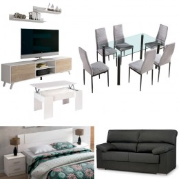 Conjunto de mueble tv y 2 estantes, mesa centro elevable, mesa comedor cristal y 6 sillas, cabezal con 2 mesitas y sofá 3 plazas