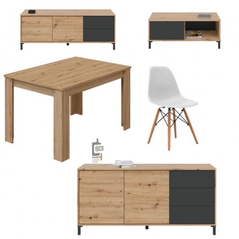 Conjunto salón brooklyn Nodi formado por mueble tv, mesa de centro y aparador Brooklyn, mesa comedor roble nodi y 4 sillas tower