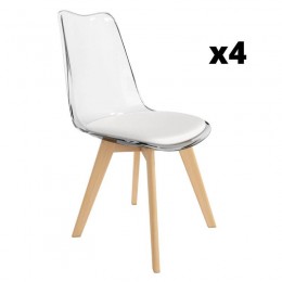 Pack 4 Sillas Vegas para salón o comedor transparente con asiento en color blanco y patas de madera maciza