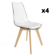 Pack 4 Sillas Vegas para salón o comedor transparente con asiento en color blanco y patas de madera maciza