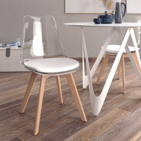 Pack 4 Sillas Vegas para salón o comedor transparente con asiento en color blanco y patas de madera maciza