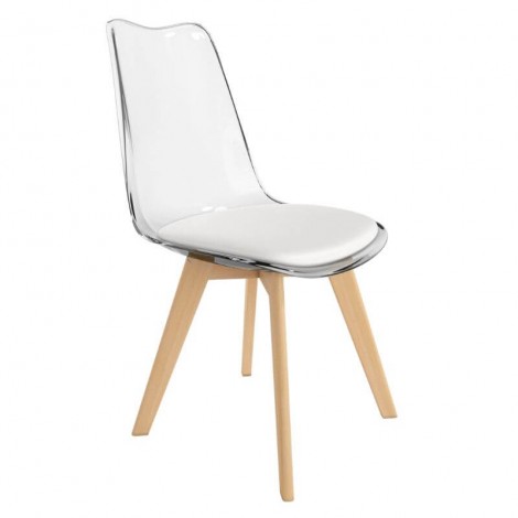 Pack 4 Sillas Vegas para salón o comedor transparente con asiento en color blanco y patas de madera maciza