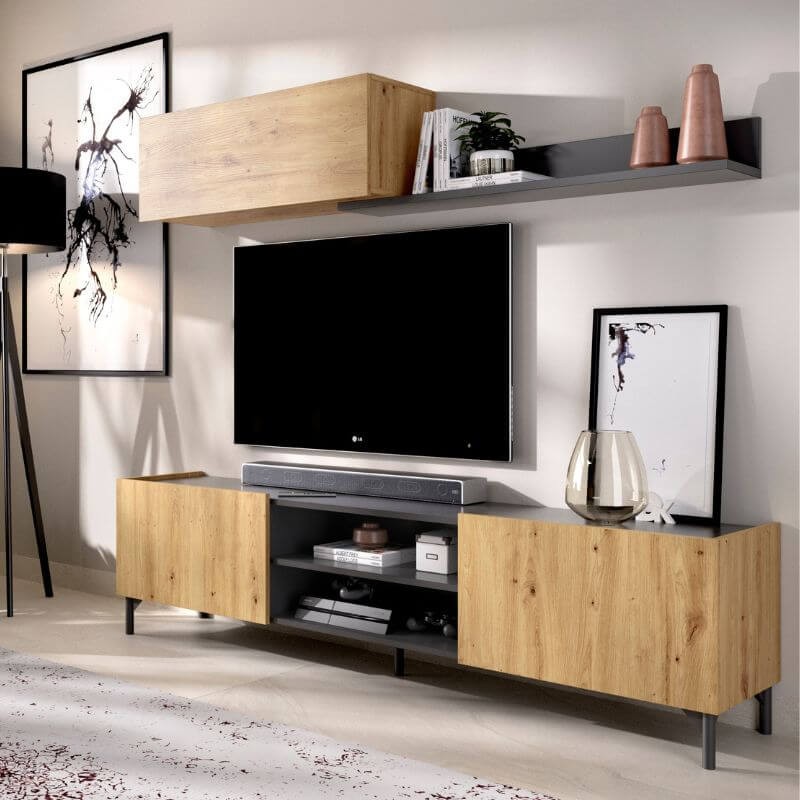 Juego salón mueble TV 4 puertas, módulo superior, estante de